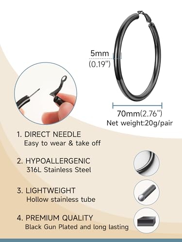 Stainless Steel Chunky Hoop Earrings For Women, Minimalist and Chic, Black/Gold Plated, Round Hoops Earrings Hypoallergenic, Size: 30mm/40mm/60mm/80mm, Come with Box - color: 1. Black, size: 70MM