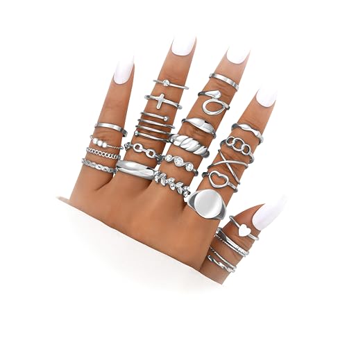 FAXHION 24-60 Pcs Gold Stackable Rings for Women, Knuckle Rings Chunky Gold Ring Set Dainty Stacking Cute Rings, Multiple Sizes Cute Jewelry Set Gift - style: Silver-24 Pcs