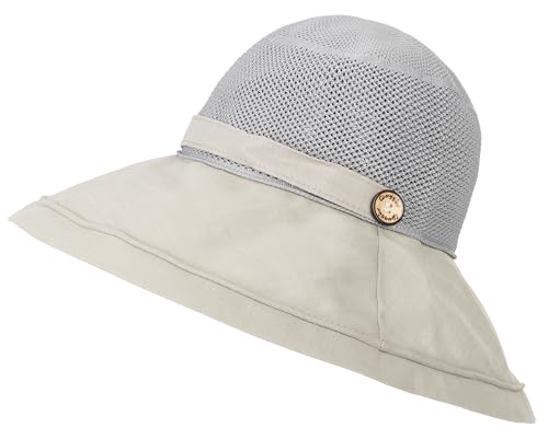 Women's-Mesh-Sun-Hats Wide-Brim Summer Beach Bucket Caps for Girls Outdoor-UV-Protection Foldable-Fishing-Hat Chin Strap - color: Gray