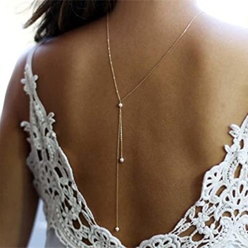 Boho Pearl Back Chain Necklace Gold Layered Backdrop Necklace Body Chain Pearl Bridal Back Drop Chain Summer Beach Body Jewelry for Women Gifts (Gold) - color: Gold