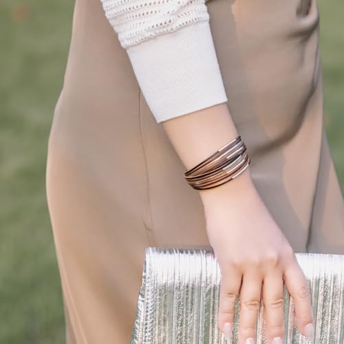 FANCY SHINY Boho Leather Bangle Bracelets Stackable Noodle Tube Bracelets Layered Wrap Cuff Bracelets with Magnetic Clasp - color: Brown