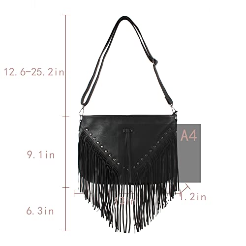 Hoce Women’s Leather Fringe Messenger Bag Large Hobo Crossbody Tassel Shoulder Bags, Gift for Mom Wife Girlfriend - color: Black