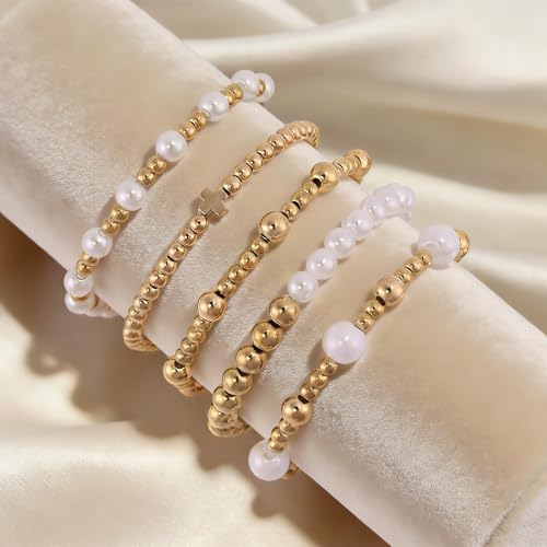 VIBILIA Gold Beaded Bracelets Set for Women 14K Gold Plated Dainty Pearl Cross Bracelet Stack Stretch Bracelet Set Fashion Accessories Gifts - color: 5P-#2