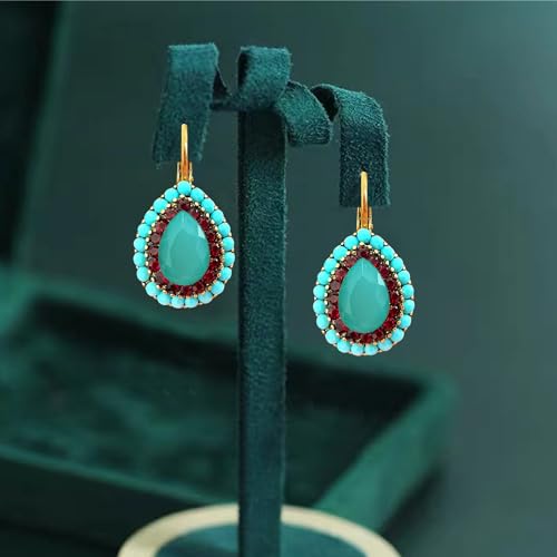 Unique Bohemian Vintage Sparkly Crystal Colorful Round Flower leverback earrings Boho Retro Bronze Circle Beaded Flower Floral Dangle Drop Earrings for Women - color: Sky Blue 14