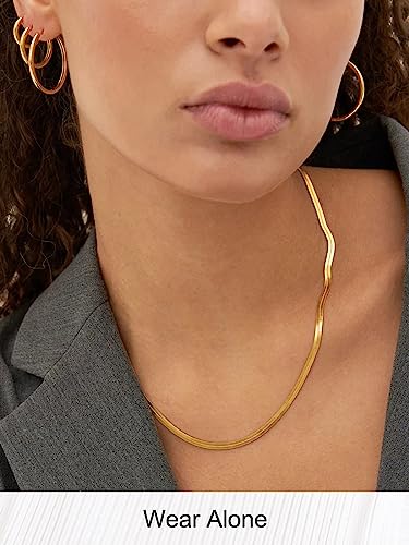 FOCALOOK 14K Gold Plated Necklaces for Women, Fashion Herringbone Choker Necklace Stainless Steel Flat Snake Chain 3/5MM(W) 12.5"/15"/18"+3.5"(L) - color: 3MM-14K Gold-18"