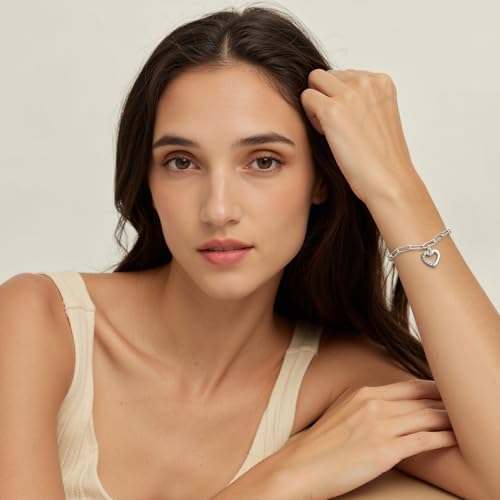Emibele Heart Charm Bracelet for Women, Bible Verse Bracelet Stainless Steel 18K Gold Plated Bracelet Love Pendant Link Chain OT Clasp, Birthday Christmas Jewelry Gift for Mother Her - color: Silver Heart Charm