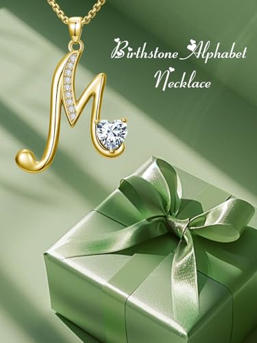 Birthday Gifts for Women 18k Gold Initial Necklaces for Women Simple Alphabets Letters with Birthstone Pendants Name Jewelry Anniversary Wedding Gifts for Sister Daughter Her (with Gift Box) - color: 04-Apr-5A White CZ, style: Letter M