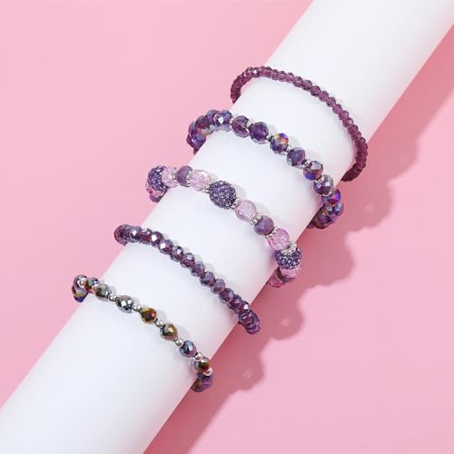 5PCS Beaded Bracelets for Women, Stackable Bohemian Glass Crystal Bead Stretch Bracelets, Purple Jewelry Multilayered Disco Ball Design, Gift for Mother's Day, Birthday, Anniversary