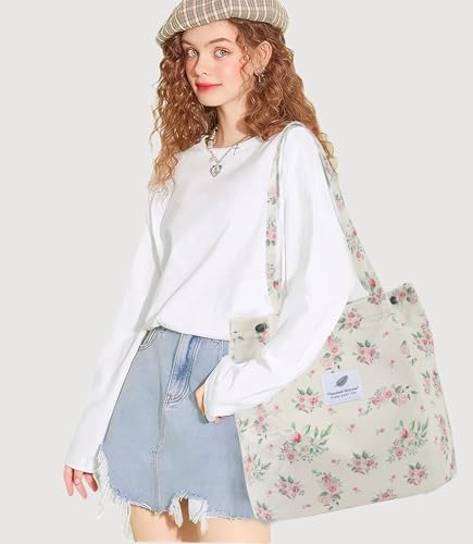 Corduroy Tote Bag for Women Small Canvas Shoulder Purse Cord Handy Bag with Inner Pocket | with Front Pocket - color: 03 Floral-2