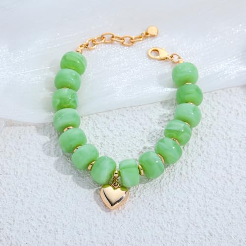Chunky Beaded Bracelets for Women Boho Multicolor Acrylic Resin Beads Bracelet Adjustable Statement Bracelet Summer Beaded Jewelry - color: Heart beads bracelet-light green