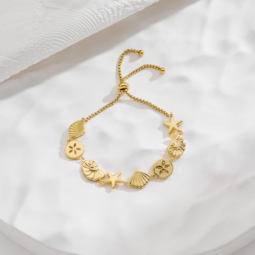 Gold Charm Bracelet for Women Boho Adjustable Shell Starfish Bracelet Summer Beach Ocean Statement Bracelets - color: Charm slider bracelet