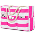 Becokan Beach Bags for Women Canvas Large Beach Tote Bag Zipper Waterproof Sandproof Foldable Swim Pool Bag with 7 Pockets - color: Hot Pink