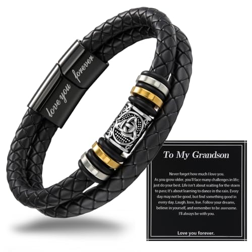 Mens Leather Bracelet,Black Stainless Steel Double-Row Braided Black Stainless Steel Love You Forever Engraved,Baptism Easter Day Gift for Men Son & Grandson - style: For Grandson