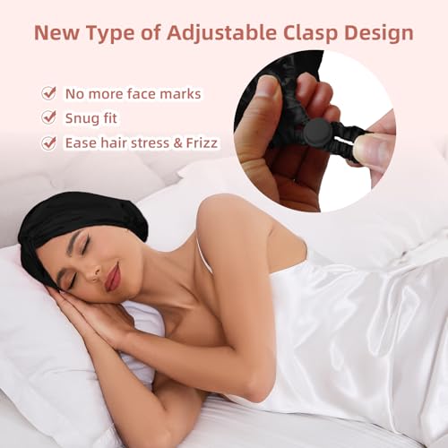 Adjustable Silk Satin Hair Bonnet for Sleeping Women, Double Layer, Silk Hair Wrap for Sleeping Women Men, Curly Natural Braid Straight Unisex - Black - color: Black