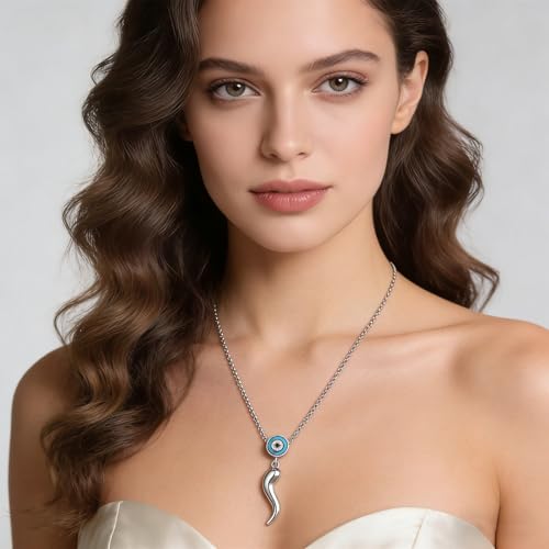 INFUSEU Italian Horn Necklace with Evil Eye for Women Protection Good Luck Gifts - color: Silver, style: Style A