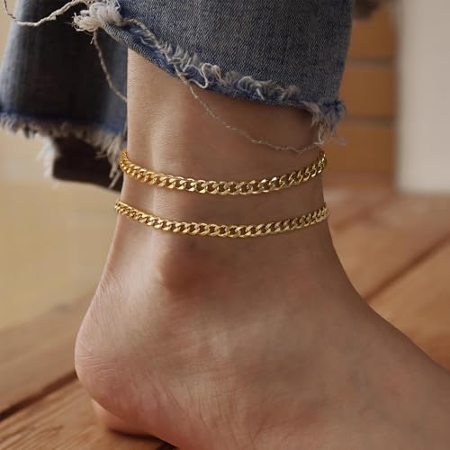 Ritach Ankle Bracelets for Women - Silver/Gold Plated Stainless Steel Anklets for Women Waterproof Layered Cuban Link Figaro Chain Heart Anklets Set Summer Beach Jewelry Gifts - color: Gold-Layered Cuban Chain