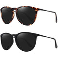 WOWSUN Retro Polarized Sunglasses Womens Trendy Round Classic Glasses - color: (2 Pack) Yellow Leopard Frame Black Lens+matte Black Frame Grey Lens