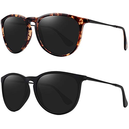 WOWSUN Retro Polarized Sunglasses Womens Trendy Round Classic Glasses - color: (2 Pack) Yellow Leopard Frame Black Lens+matte Black Frame Grey Lens