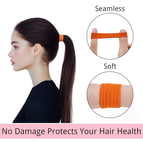 LuSeren 120 Pcs Orange Hair Ties for Women, No Damage Soft Seamless Nylon Hair Elastics for Thick Hair, Ponytail Holders, Solid Orange Hair Accessories - color: Orange