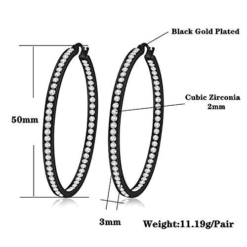 CiNily Mult-colors Crystal Stainless Steel Hoop Earring for Women Hypoallergenic Jewelry for Sensitive Ears Large Big Hoop Earrings 2" - color: Black Gold+White
