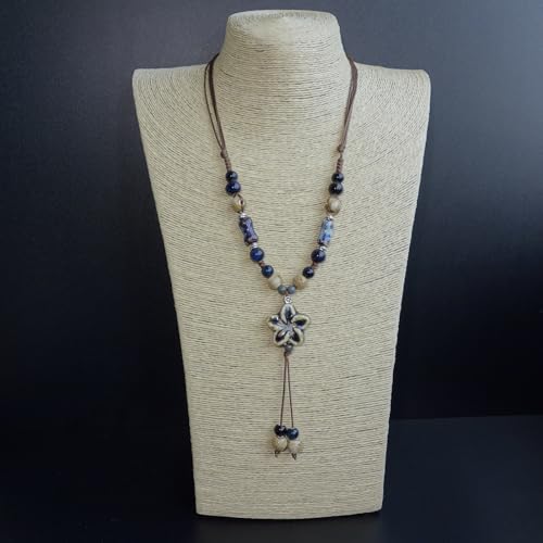 Boho Style Colorful Ceramic Bead Strand Necklace Adjustable Bohemian Jewelry Gift for Women, Fashion Clothing Matching Necklace - color: Brown-Black