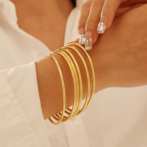 Sterling Silver Bangle Bracelets for Women,Fashion Jewelry Simple Adjustable 925 Silver Cuff Bangles for Women Mom Wife Valentine Mothers Day Gift - color: Gold 6 pieces