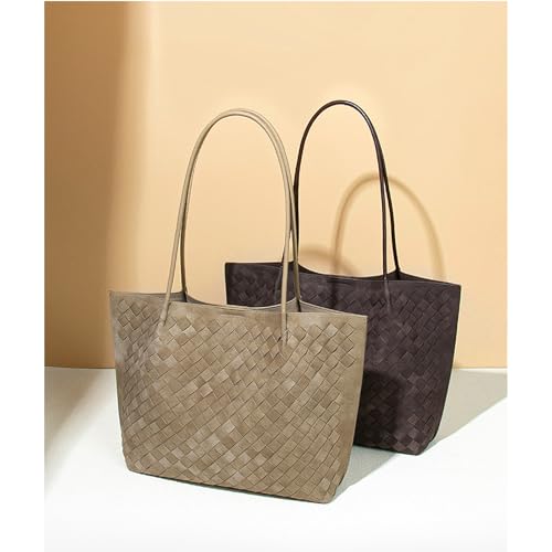 Women's Luxury Handmade Woven Tote Bag, Beach Bag Set, Elegant Age Reducing Travel Commuter Bag Set - color: Frosted Material 14# Khaki