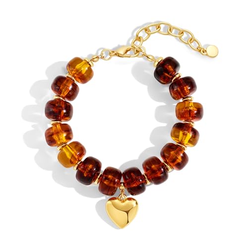 Chunky Beaded Bracelets for Women Boho Multicolor Acrylic Resin Beads Bracelet Adjustable Statement Bracelet Summer Beaded Jewelry - color: Heart beads bracelet-brown