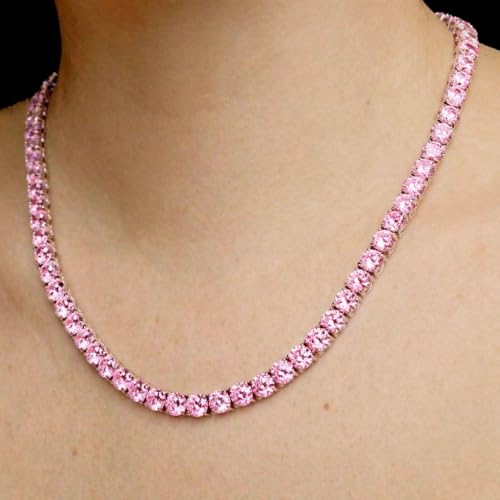 Savlano 18K Gold Plated Cubic Zirconia Round 4.5MM Classic Tennis 18 Inches Chain Necklace For Women & Men Comes With a Gift Box - color: White Gold-Pink CZ