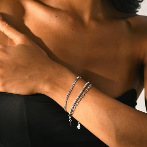 NOKMIT Solid 925 Sterling Silver Bracelets for Women, Dainty Interlocking Circles Cubic Zirconia Adjustable Chain Bracelet, Trendy Stackable Link Bracelets, Simple Cute Jewelry Gifts - color: Silver Cuban Chain