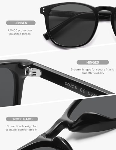 SOJOS Unisex Rounded Square Polarized Sunglasses TR90 Frame UV400 Protection Lightweight Retro for Women & Men - color: Black/Grey