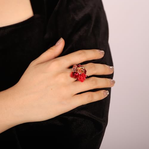 Jumwrit Shiny Crystal Flower Ring Statement Adjustable Open Band Wrap Finger Ring Square Rhinestone Floral Cocktail Ring Party Bridal Wedding Jewelry Vintage Boho Knuckle Ring for Women - color: Red