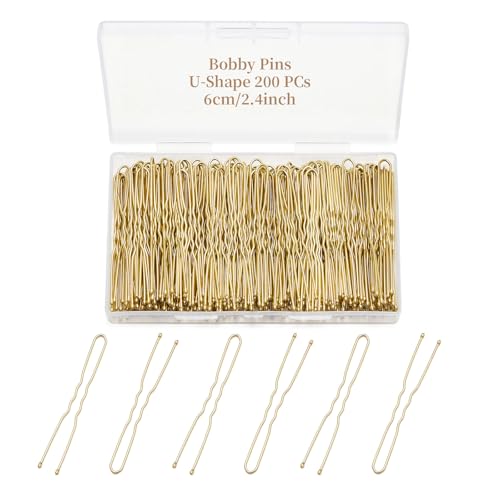 QIUTIMIY 200 Pcs 2.4 Inch U-Shaped Bobby Pins Golden Metal Hair Pins Hair Accessories for Women Stylists Hair Sticks Girl - color: Gold, size: U-2.4in