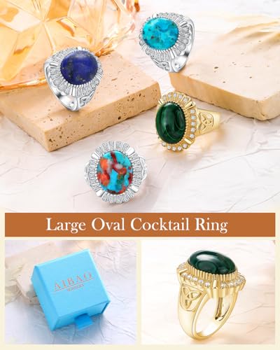 AIBAO 4-12 Ct Large Oval Engagement Rings for Women Natural Turquoise/Lapis Lazuli/Malachite Celtic/Infinity/Love Knot Halo Ring Size 6 to 10 Anniversary Christmas Valentines Gift - style: 12.1 Ct Malachite & Created White Sapphire