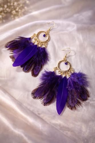 Feather Earrings for Women, Boho Long Brown Gold Dangle Drop Earrings, Handmade Statement Vintage Western Style Lightweight Trendy 2026 Fancy Unique Jewelry Gift - color: Purple