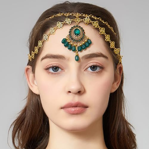 Boho Headband for Women Elegant Bridal Wedding Headpiece Cubic Zirconia Vintage Jhumka Bead Tassel Festival Gold Plated Adjustable Forehead Chain Bollywood Party Accessories Jewelry (Green, Gold) - color: Green