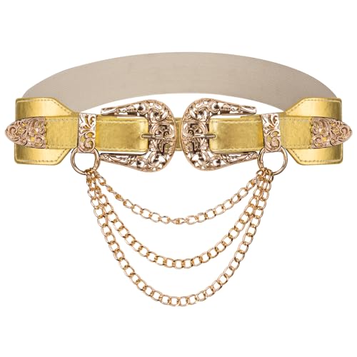 Dubulle Womens Belt Chain Leather Belts Vintage Western Adjustable Elastic Double Buckle for Cowboy Pant Dress - color: Gold
