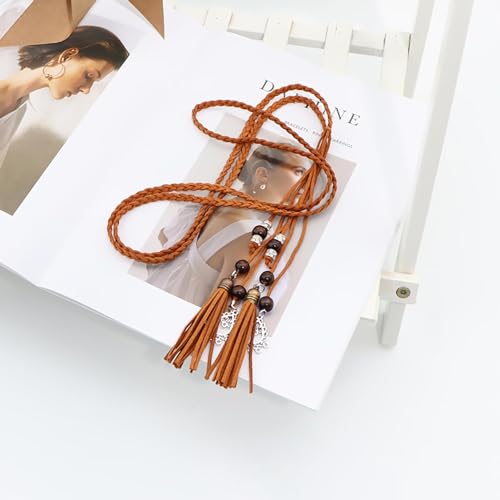 Women's Waist Belts Woven Tassels Chain Belt Skinny Rope Belt for Skirt Dress Boho Style - color: Tan