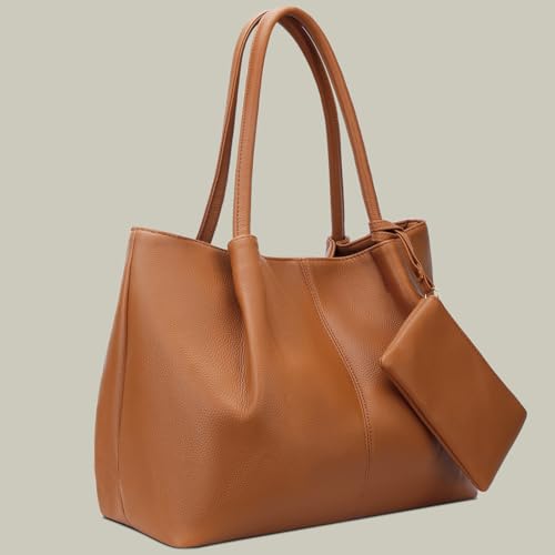 KKXIU Tote Bag for Women Vegan Leather Shoulder Purse Large Capacity Travel Bag - color: Orange Brown