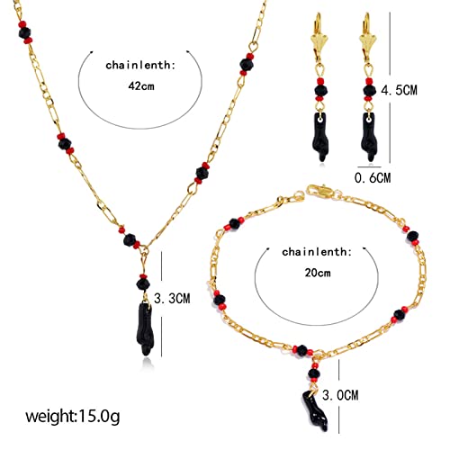 Caiyao Azabache Hand Figa Charm Stainless Steel Link Chain Bracelet Pendant Necklace Drop Dangle Earring Set for Women Men Kabbalah Amulet Protection Good Luck Jewelry - color: A black