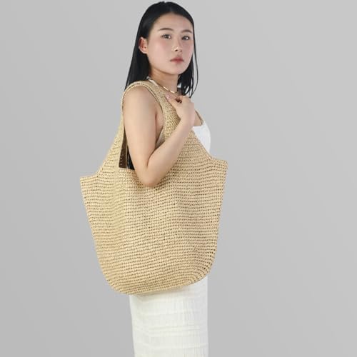 Beach Bags for Women,Summer Soft Large Woven Shoulder Handbags Boho Straw Tote Bags for Travel Vacation 2026 - color: Beige