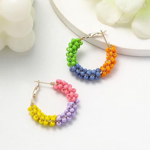 Jinxiuge 6 Pair Beaded Hoop Earrings Boho Flower Round Earrings Women's Handmade Earrings Set - style: Style-G