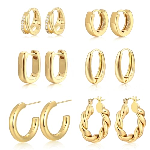 9 Pairs Small Gold/Silver Hoop Huggie Earrings Set for Women, 14K Gold Plated Chunky Hoop Small Earring Hypoallergenic Thick Open Lightweight Chunky Hoop Earrings Jewelry for Gifts - color: Gold-6 Pairs