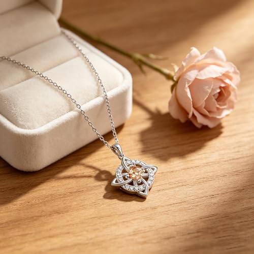 Mystical Birthstone Witches Knot Necklace – Natural Crystal Celtic Pendant, Wiccan Pagan Jewelry Gift for Women - color: March