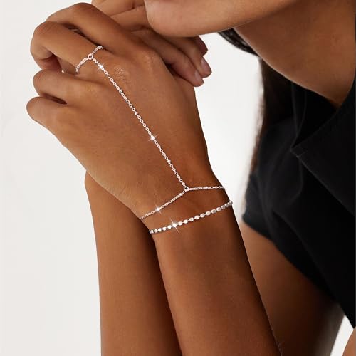 Moodear Gold Hand Chain Bracelet for Women - 14K Gold Plated/Sterling Silver Layered Adjustable Satellite Bead Paperclip Dot CZ Link Hand Chain Ring Bracelets Non Tarnish Trendy Jewelry Gift - style: Dot Hand Chain-SL