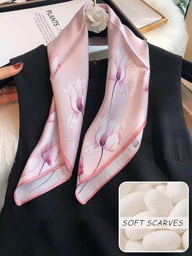 100% Mulberry Silk Scarf for Women Hair Lightweight Square Neckerchief Wrap For Head Scarves 21" - color: 3-pink Tulip /21"*21"