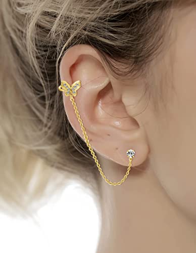 Tornito 6-12Pcs Cuff Earring Chain Leaf Snowflake Star Butterfly with CZ Crawler Climber Earring Studs Drop Dangling Chain Wrap Tassel Earring for Women Men 20G Silver Gold Tone - color: B:Gold Tone