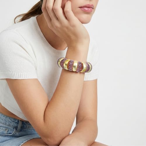 GOOJIDS Simple Beaded Gold Plated Bangles Bracelet Chunky Bamboo Tube Curved Stacking Clear Acrylic Colorful Beads Stretchable Gold Plated Bracelets Set For Women - color: B-Gold&Pink Leopard