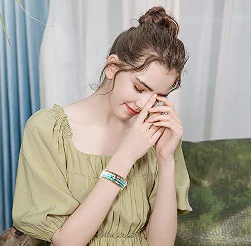GOOJIDS Surfer Heishi Clay Bead Bracelets for Women Bohemian Stackable Gold Plated Beaded Stretch Bracelets Elastic Layering Friendship Bracelets Set Boho Jewelry - color: B-Light Green Surfer Color & Gold Bead