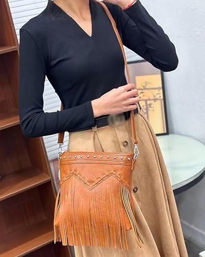 Hoce Women’s Leather Fringe Messenger Bag Large Hobo Crossbody Tassel Shoulder Bags, Gift for Mom Wife Girlfriend - color: 08816black